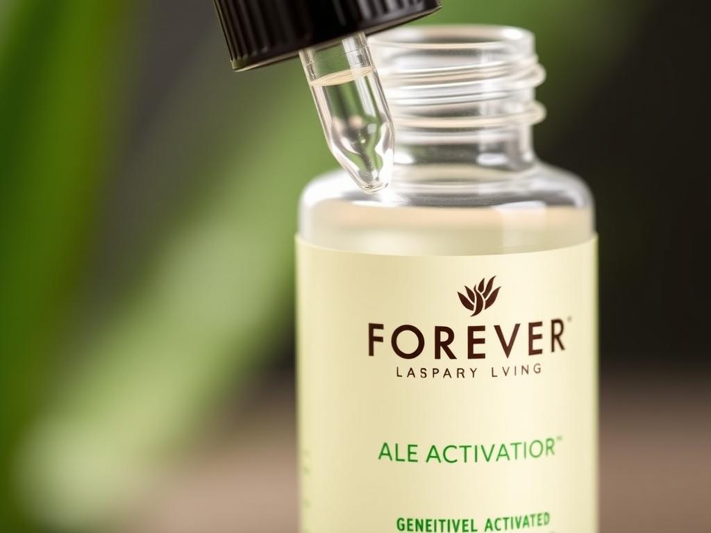 Bottle of Forever Aloe Activator with dropper showing the clear liquid
