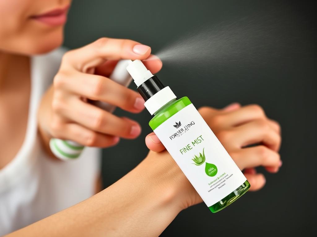 Bottle of Forever Living Aloe First Spray being used on skin