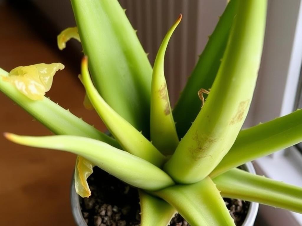 Overwatered aloe vera showing signs of root rot and mushy leaves