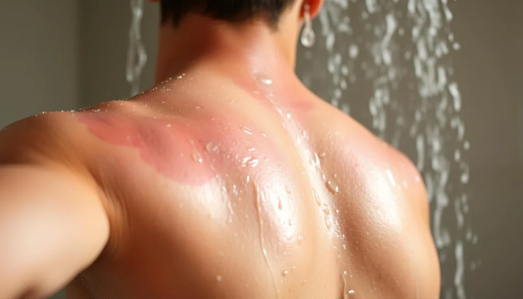 Person taking cool shower for sunburn relief