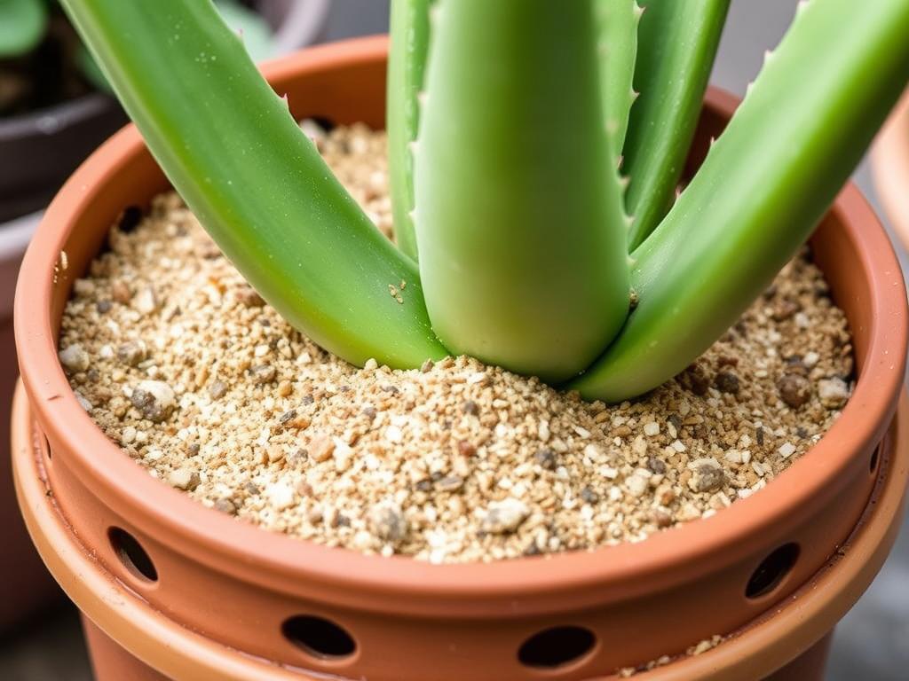 Proper aloe vera potting setup with well-draining soil and appropriate pot with drainage holes