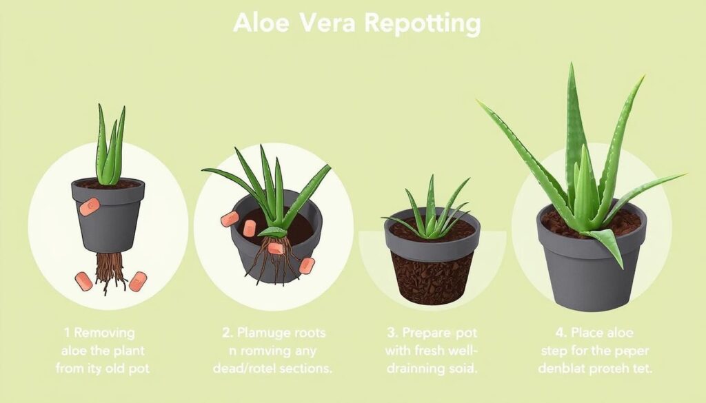 Step-by-step aloe vera repotting process showing proper technique