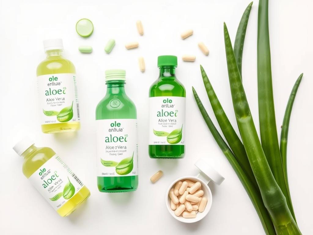 Various aloe vera products including gel, juice, and fresh plant