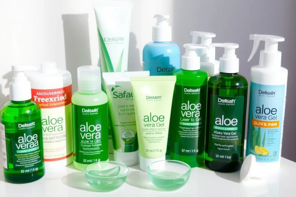 Various store-bought aloe vera gel products for sunburn