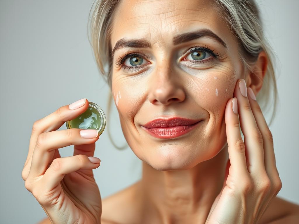 Woman applying aloe vera gel as anti-aging treatment