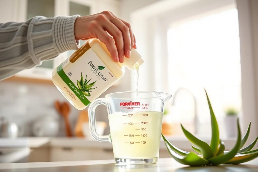 Person measuring proper dosage of Forever Living Aloe Vera Gel